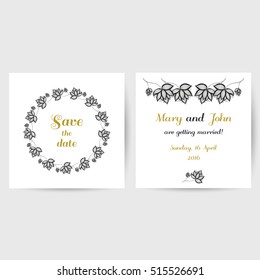 Wedding invitation with hand drawn black flowers on white background. Vector illustration.