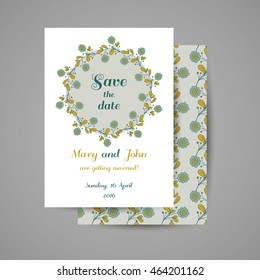 Wedding invitation with hand drawn blue flowers on gray background. Vector illustration.