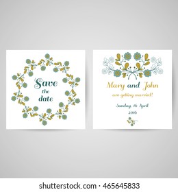 Wedding invitation with hand drawn blue flowers on white background. Vector illustration.
