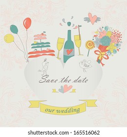 Wedding invitation with hand drawn bottle of champagne, glasses, hearts, bow, bouquet, candy, balloons and birds in cartoon style.