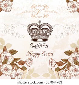 Wedding invitation with hand drawn crown and  flowers in vintage style