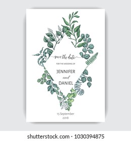 Wedding invitation - Hand drawn eucalyptus, succulent flowers.