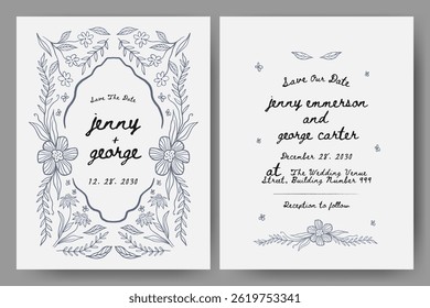 Wedding invitation with hand drawn floral illustration. floral frame. Perfect for card, poster, flyer