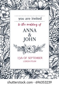 Wedding invitation of hand drawn flower in sketch style.  Vector floral frame can be use for greeting card, template, invitation