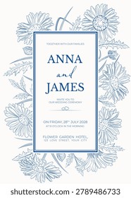 Wedding invitation with hand drawn gerbera illustration. Botanical line art flowers in vintage engraving style, template and typography for romantic ceremony announcement.