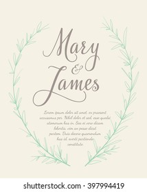 Wedding Invitation with Hand drawn laurel wreaths. Vintage design. Vector illustration