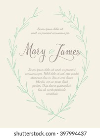 Invitación a la boda con coronas de laurel dibujadas a mano. Diseño de época. Ilustración del vector