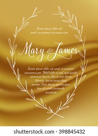 Invitación a la boda con coronas de laurel dibujadas a mano sobre fondo dorado. Diseño de época. Ilustración del vector