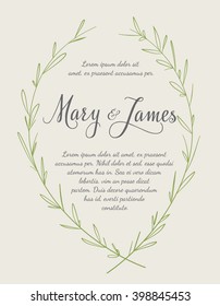Invitación a la boda con coronas de laurel dibujadas a mano. Diseño de época. Ilustración del vector