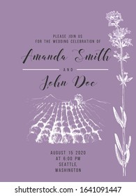 Wedding invitation with hand drawn lavender field and flower. Vector illustration