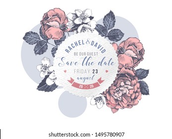 Wedding invitation with hand drawn pink roses and jasmine
