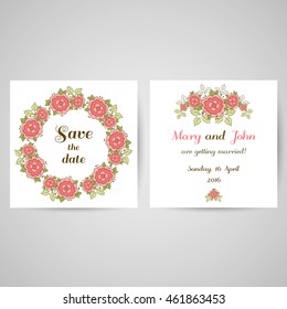 Wedding invitation with hand drawn pink roses on blue background. Vector illustration.