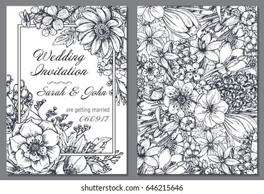 Wedding invitation with hand drawn spring flowers and plants in sketch style. Beautiful monochrome vector template