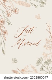 Invitación a la boda con hierbas estivales hechas a mano. Diseño vertical de flores silvestres. Ilustración vectorial en estilo de esbozo. Flores praderas fondo estético
