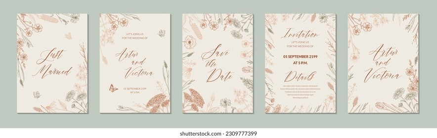 Hochzeitseinladung mit handgezeichneten Sommerkräutern. Vertikales Blumendesign. Vektorgrafik im Skizzenstil. Wiesenblumen, ästhetischer Hintergrund