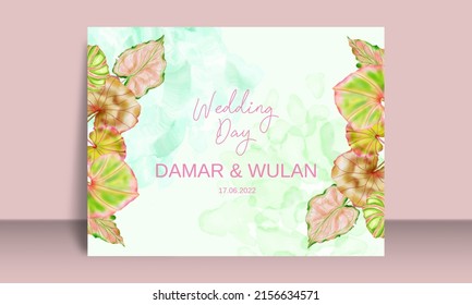 Wedding invitation with hand drawn tropical leaves background