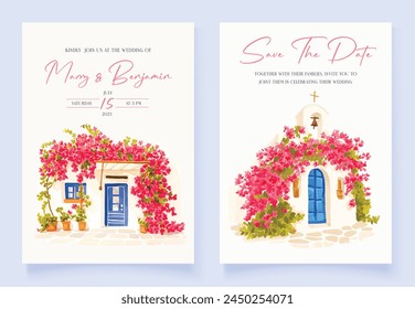 Wedding invitation with hand drawn watercolor spring pink bougainvillea flower background svg