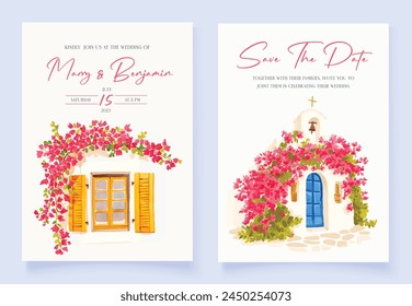 Wedding invitation with hand drawn watercolor spring pink bougainvillea flower background