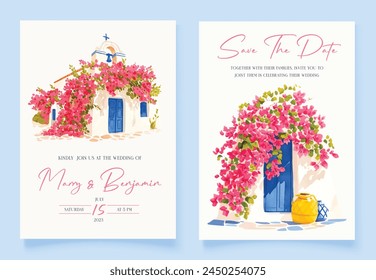 Wedding invitation with hand drawn watercolor spring pink bougainvillea flower background