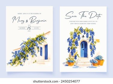 Wedding invitation with hand drawn watercolor spring blue flowers background