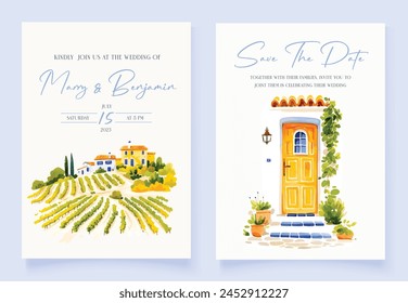 Wedding invitation with hand drawn watercolor landscape background