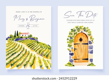 Wedding invitation with hand drawn watercolor landscape background