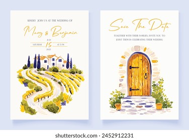 Wedding invitation with hand drawn watercolor landscape background