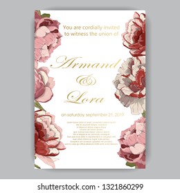 Wedding invitation with hand-drawn peonies red, pink, beige on light background
