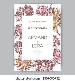 wedding invitation with hand-drawn red, yellow and pink chrysanthemums on a ball background