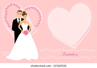 Wedding invitation as happy  smiling bride and groom