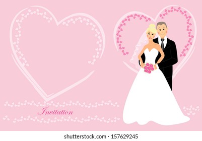 Wedding invitation as happy  smiling bride and groom