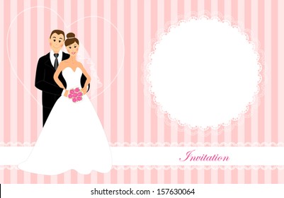 Wedding invitation as happy smiling bride and groom on abstract classic striped background