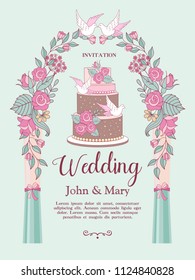 Wedding invitation. Happy weddings. Beautiful wedding card with a large multi-tiered wedding cake decorated with flowers and pigeons. Vector illustration with space for text.