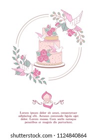 Wedding invitation. Happy weddings. Beautiful wedding card with a large multi-tiered wedding cake decorated with flowers and pigeons. Vector illustration with space for text.