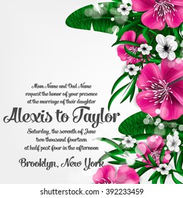 Wedding invitation with hibiscus and cakura flowers, palm leaf. Wedding card or invitation with abstract floral background. Elegance pattern with flowers roses floral illustration vintage style