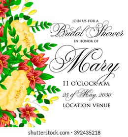 Wedding invitation with hibiscus and cakura flowers, palm leaf. Wedding card or invitation with abstract floral background. Elegance pattern with flowers roses floral illustration vintage style