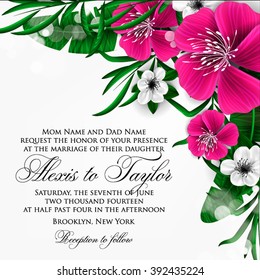 Wedding invitation with hibiscus and cakura flowers, palm leaf. Wedding card or invitation with abstract floral background. Elegance pattern with flowers roses floral illustration vintage style