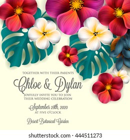 Wedding invitation with hibiscus and lillyand magnolia flowers, palm leaf. Wedding card or invitation with abstract floral background.