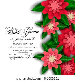 Wedding invitation with hibiscus and sakura flowers, palm leaf. Wedding card or invitation with abstract floral background. Elegance pattern with flowers roses floral illustration vintage style