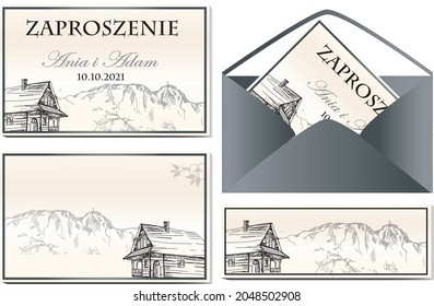 
A wedding invitation in the highlander style presenting the Tatra Mountains and a highlander's cottage.