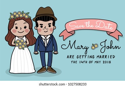 Wedding Invitation with hipster bride and groom character.