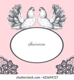 Wedding invitation. Holiday greeting card with a pair of doves. Watercolor illustration with birds and lace for your design.