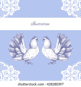 Wedding invitation. Holiday greeting card with a pair of doves. Watercolor vector illustration with birds and lace for your design.