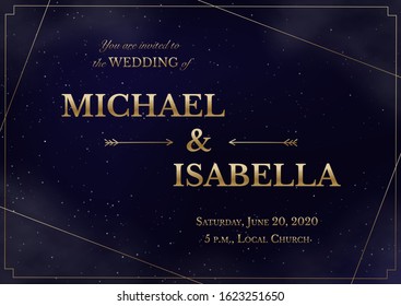 Wedding invitation horizontal card on magic night dark blue sky with sparkling stars and nebula. Vector golden shiny glowing lettering in creative frame. Luxury elegant navy blue template