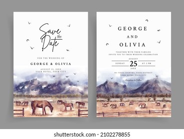 Wedding invitation of horses in savannah nature landscape watercolor