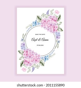 wedding invitation with hydrangea pink blue watercolor