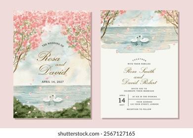 wedding invitation with illustration of couple swan on the lake during spring season