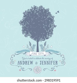 Wedding Invitation. Includes Text, Tree, Birds and Floral Frame. Vector Illustration with Flat Design.