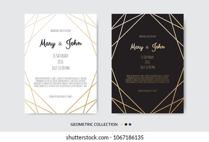 Wedding Invitation, invite card design with Geometrical art lines, gold foil border, frame.