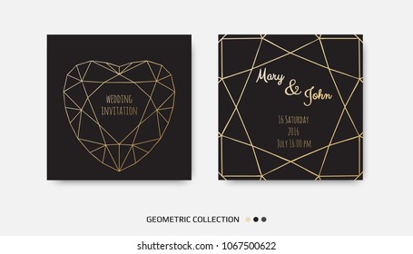 Wedding Invitation, invite card design with Geometrical art lines, gold foil border, frame. Vector modern geometric abstract template layout.